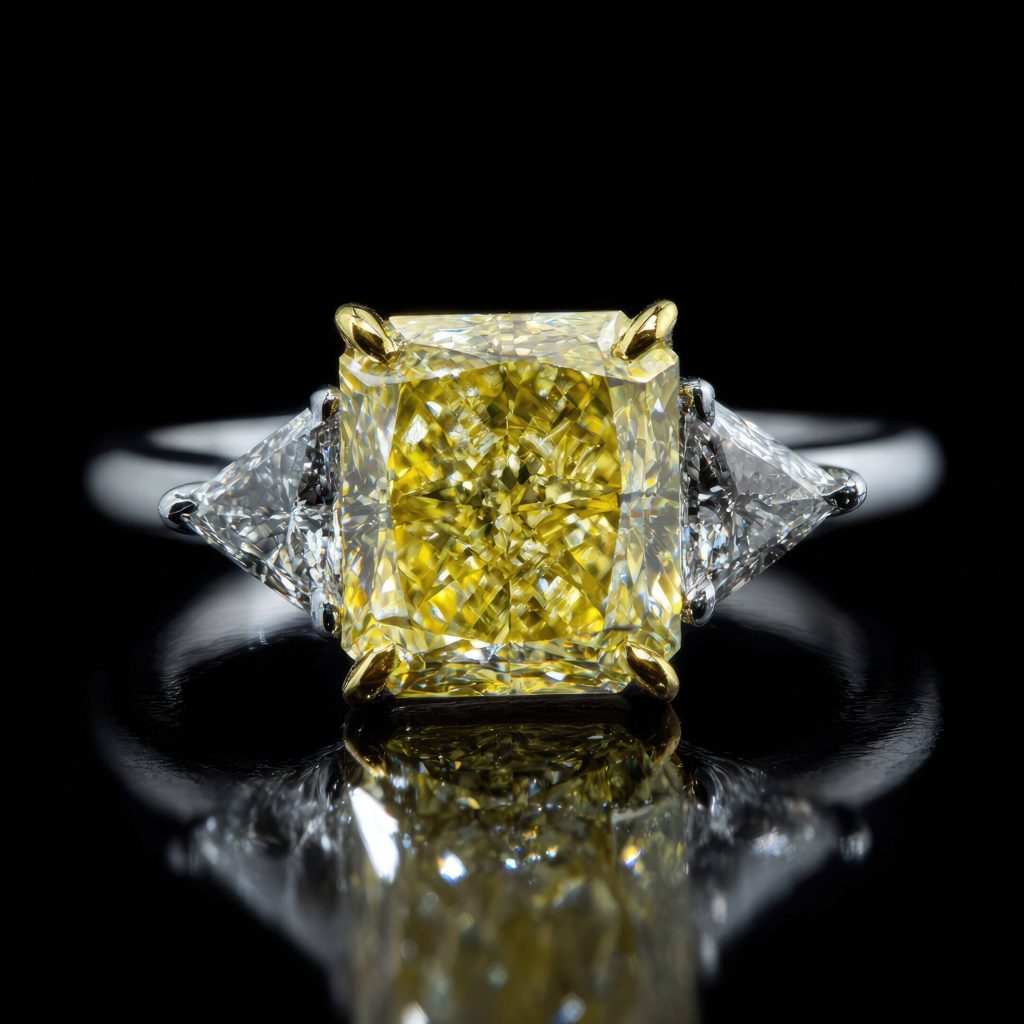 elegant yellow diamond ring with smaller triangle diamonds