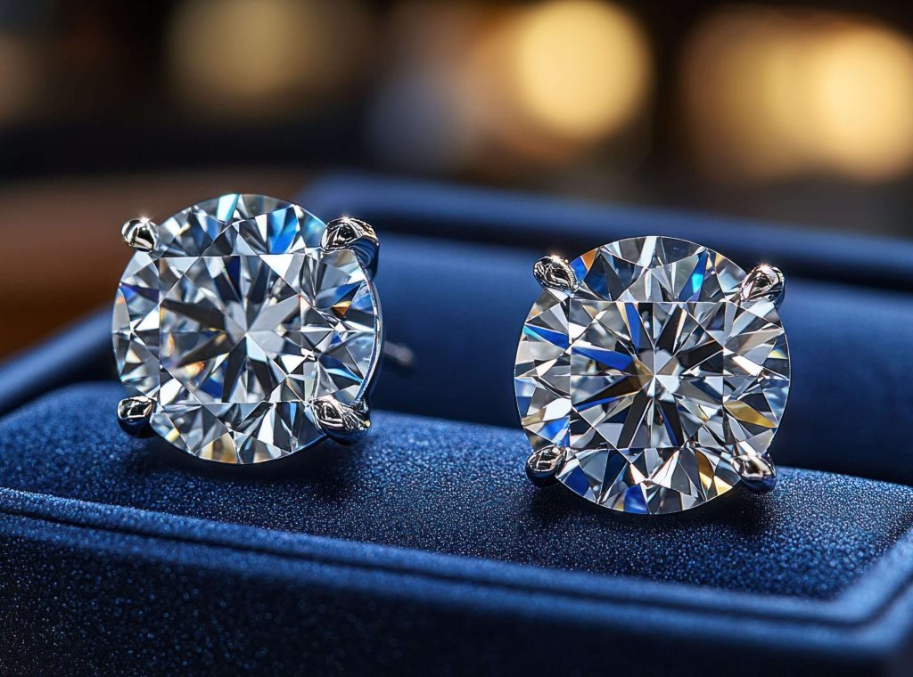 diamond stud earrings in a blue box