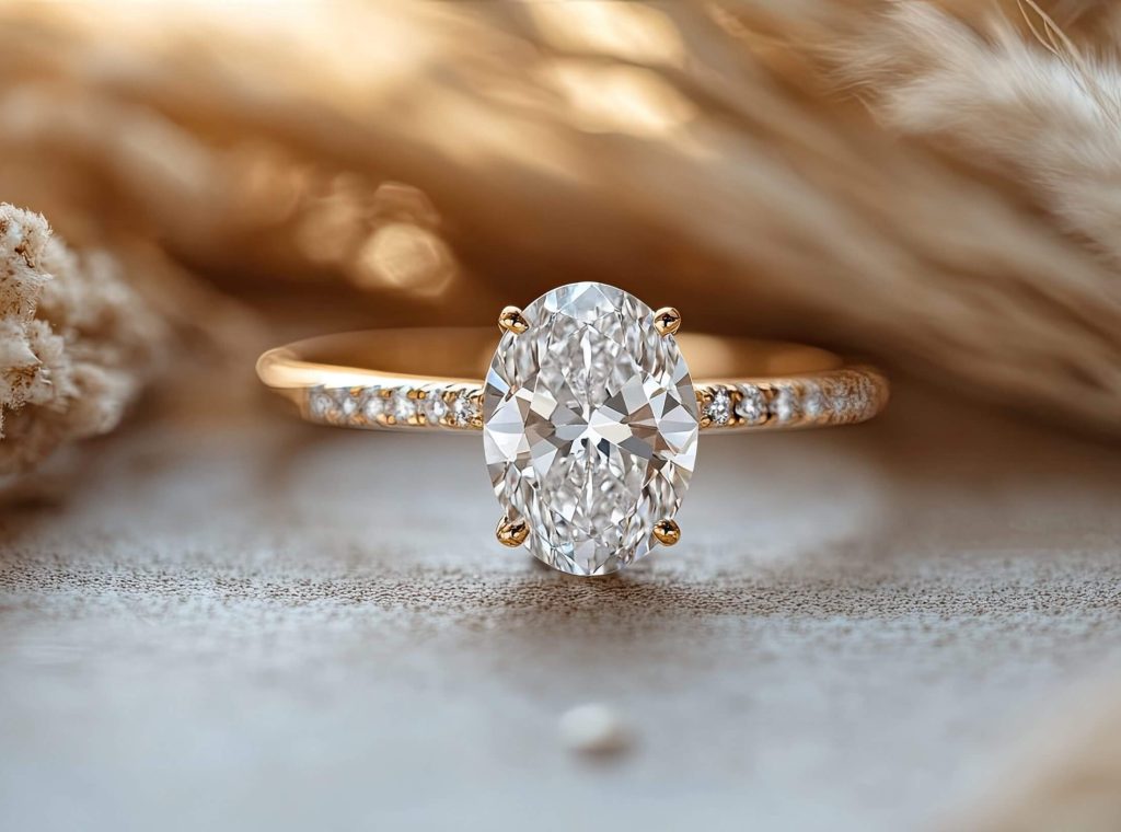 close up of an oval cut diamond engagement ring with gold band and blurred floral background