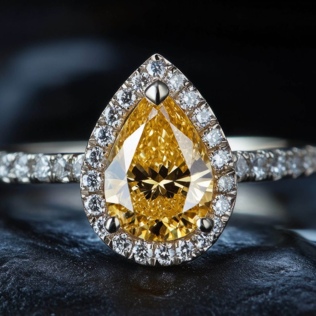 ring design, pearl shaped yellow diamond, generative ai