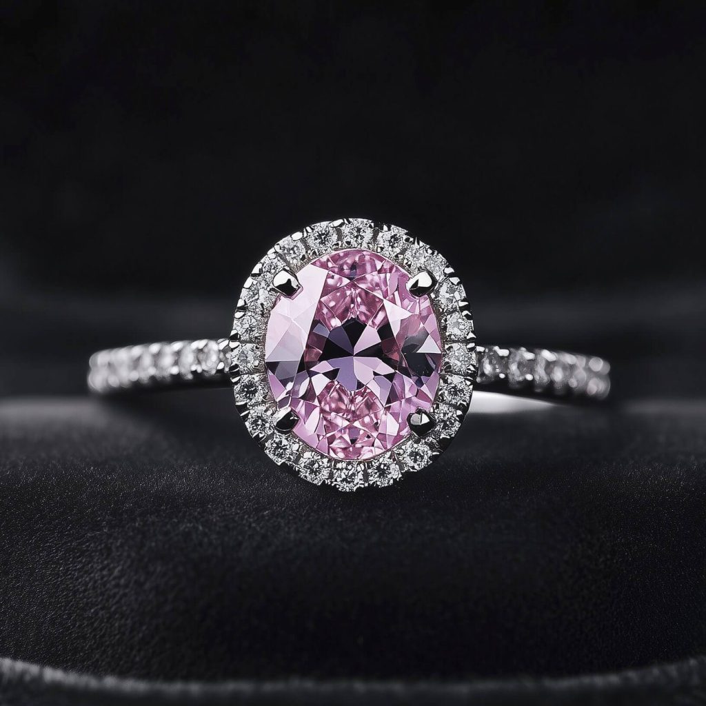 an oval diamond. ring, box, close up , stone, silver, ring. a ring with pink and silver stones. close up of a pink ring in a box of silver and pink stones. pink diamonds lifestyle.