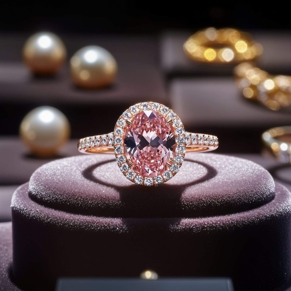 exquisite pink diamond ring surrounded by luxurious jewelry display with pearls and gold accents in an elegant setting