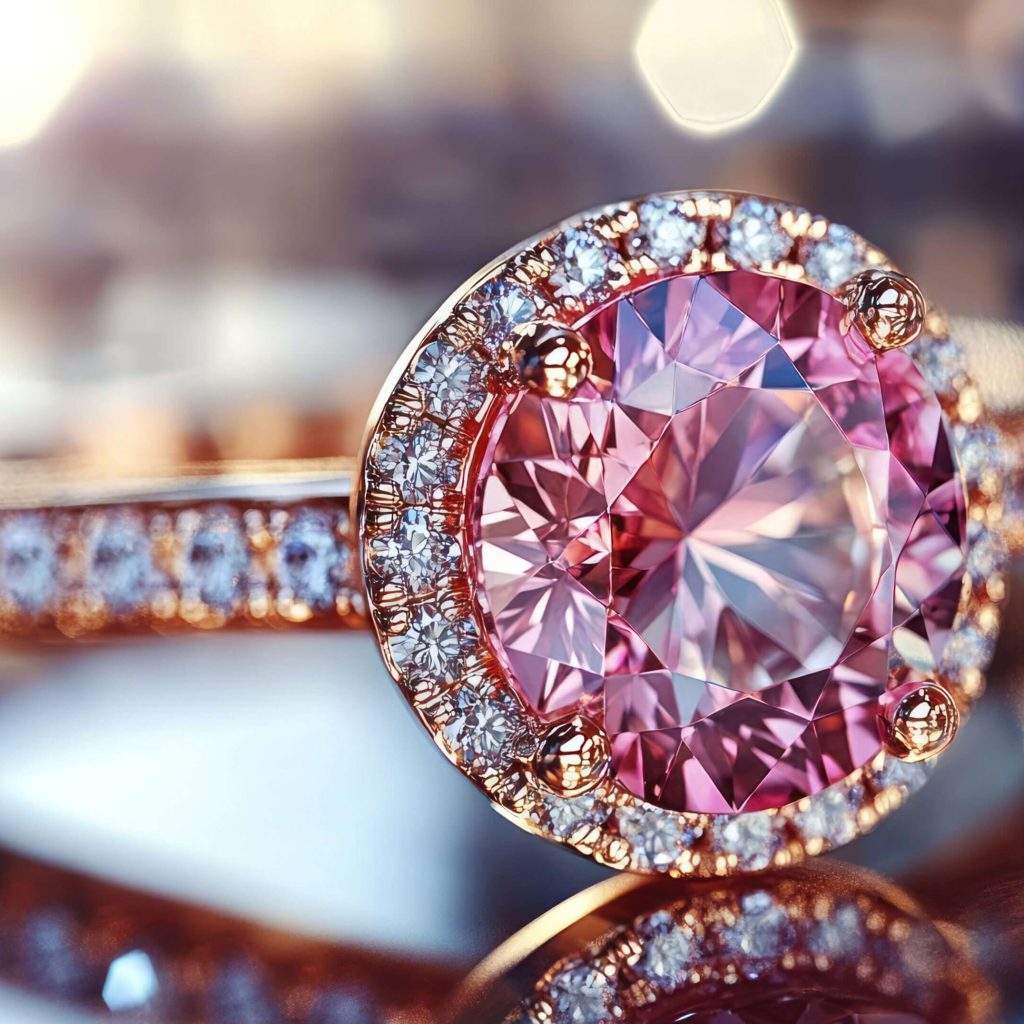 close up of a pink diamond ring